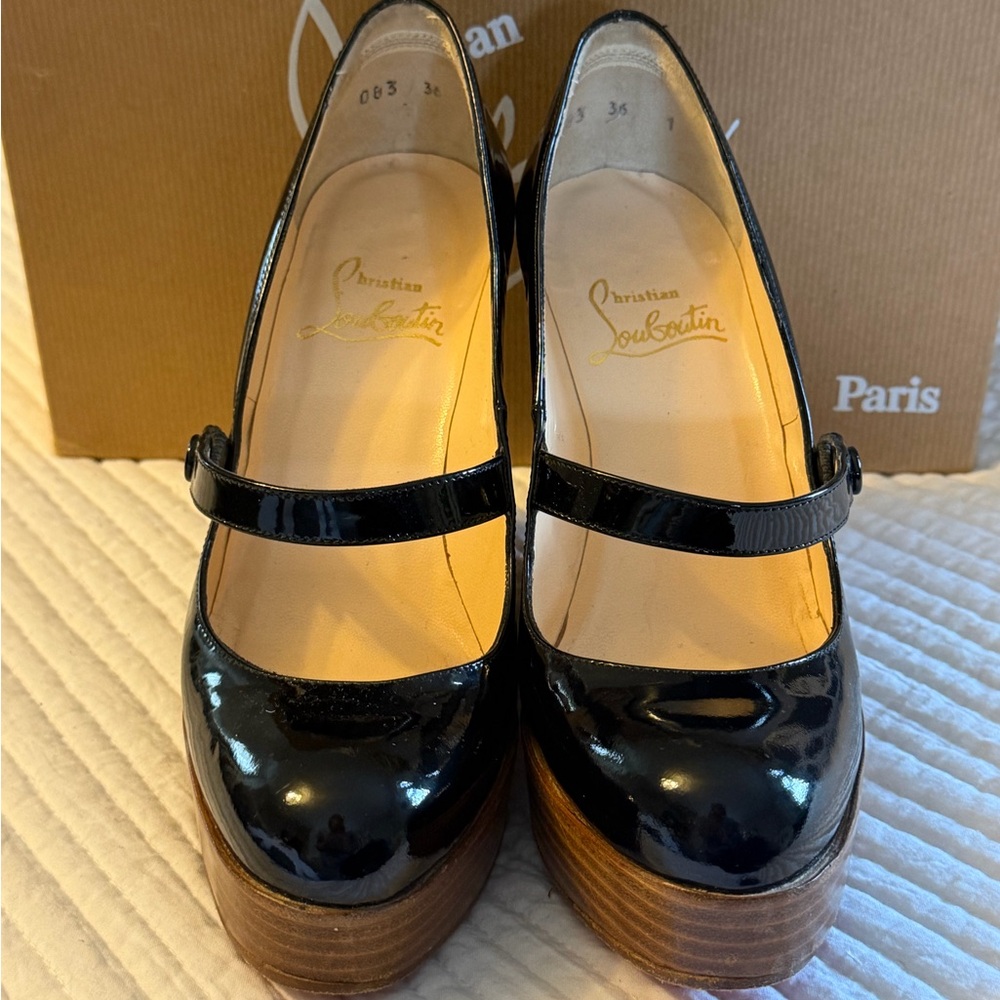 Christian Louboutin Black Patent Mary Jane Wedge Pumps with Wood-Effect Platform - Picture 2 of 10